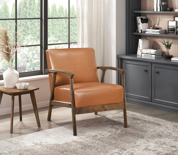 English Elm Brown Faux Leather Accent Chair with Cushion, Solid Rubberwood Frame, Modern Living Room Seat B011P287483