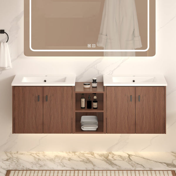 English Elm 60in Reddish Brown Mdf Bathroom Vanity with Soft Close Doors and Versatile Storage W3133S00022