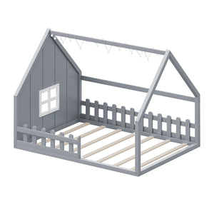English Elm Full House Bed Frame with Window & Fence Playhouse Design, Sturdy Pine/MDF, Safe 400lb Capacity Gray N709P215545E