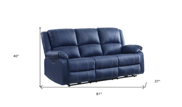 Homeroots 81" Blue Faux Leather Reclining Usb Sofa With Black Legs   491002
