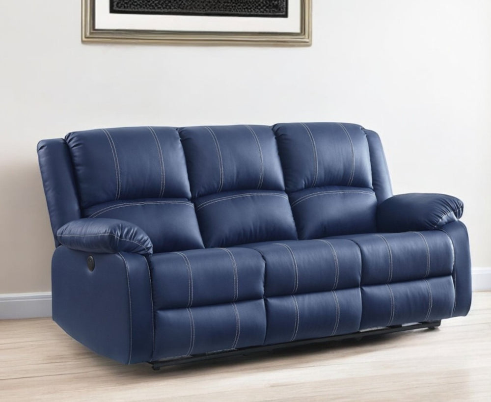 Homeroots 81" Blue Faux Leather Reclining Usb Sofa With Black Legs   491002