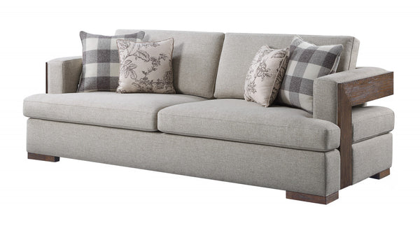 Homeroots 92" Beige Fabric Sofa And Toss Pillows With Brown Legs   491003