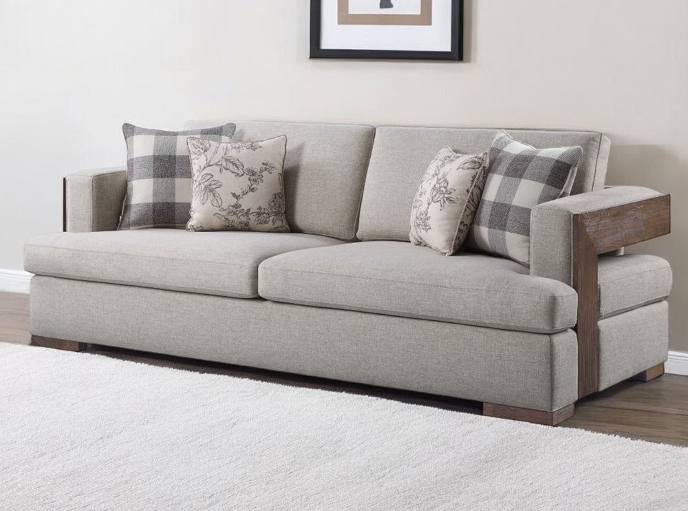 Homeroots 92" Beige Fabric Sofa And Toss Pillows With Brown Legs   491003