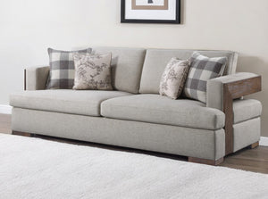 Homeroots 92" Beige Fabric Sofa And Toss Pillows With Brown Legs   491003