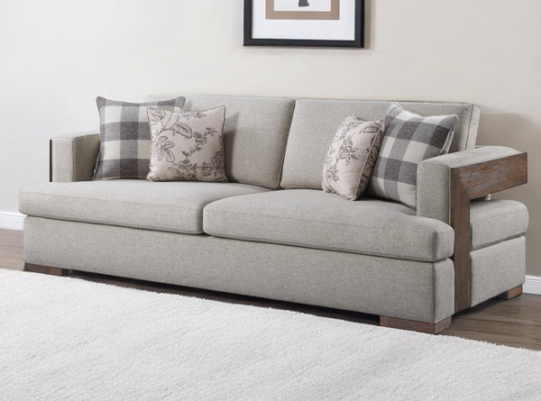 Homeroots 92" Beige Fabric Sofa And Toss Pillows With Brown Legs   491003