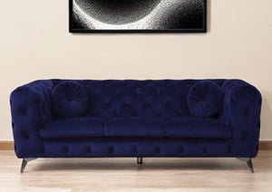 Homeroots 90" Blue Velvet Chesterfield Sofa With Silver Legs   491005
