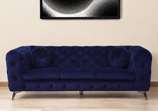 Homeroots 90" Blue Velvet Chesterfield Sofa With Silver Legs   491005