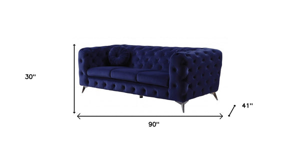 Homeroots 90" Blue Velvet Chesterfield Sofa With Silver Legs   491005