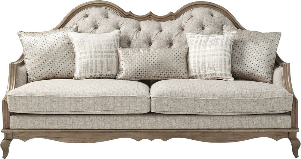 HomeRoots 86" Brown and Beige Upholstered Sofa - Solid Wood Frame, 5 Toss Pillows, Traditional Elegance! 491013