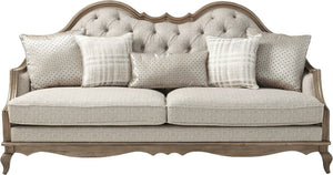 HomeRoots 86" Brown and Beige Upholstered Sofa - Solid Wood Frame, 5 Toss Pillows, Traditional Elegance! 491013