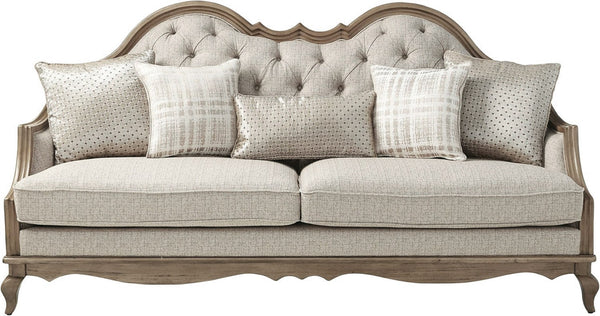 HomeRoots 86" Brown and Beige Upholstered Sofa - Solid Wood Frame, 5 Toss Pillows, Traditional Elegance! 491013