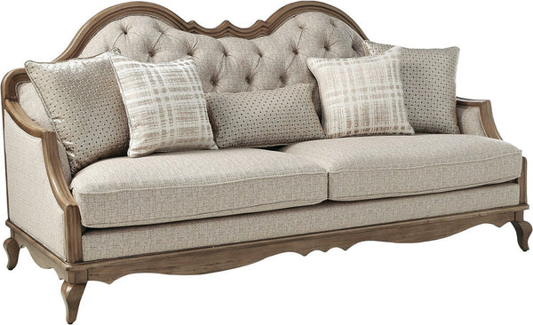 HomeRoots 86" Brown and Beige Upholstered Sofa - Solid Wood Frame, 5 Toss Pillows, Traditional Elegance! 491013