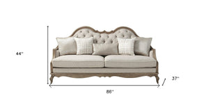 HomeRoots 86" Brown and Beige Upholstered Sofa - Solid Wood Frame, 5 Toss Pillows, Traditional Elegance! 491013