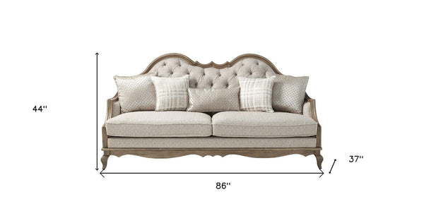 HomeRoots 86" Brown and Beige Upholstered Sofa - Solid Wood Frame, 5 Toss Pillows, Traditional Elegance! 491013