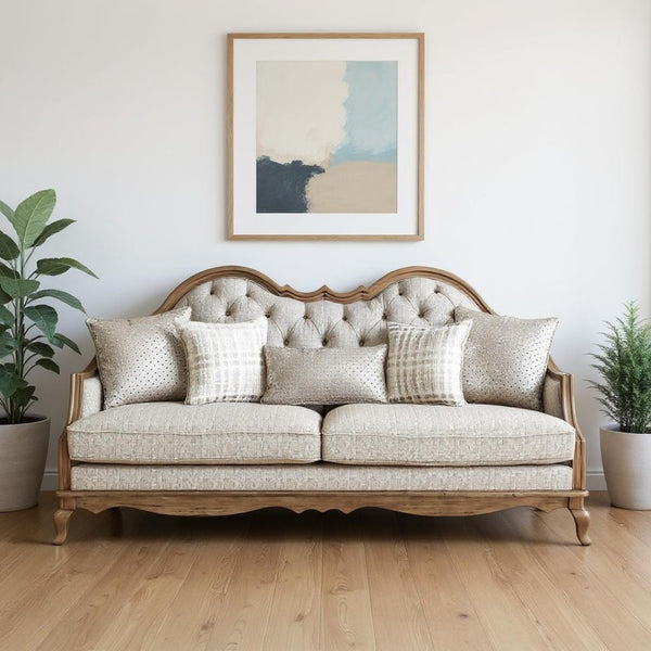 HomeRoots 86" Brown and Beige Upholstered Sofa - Solid Wood Frame, 5 Toss Pillows, Traditional Elegance! 491013