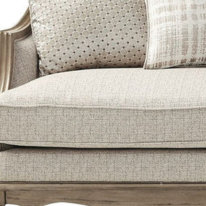 HomeRoots 86" Brown and Beige Upholstered Sofa - Solid Wood Frame, 5 Toss Pillows, Traditional Elegance! 491013
