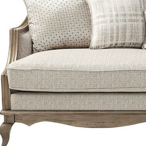 HomeRoots 86" Brown and Beige Upholstered Sofa - Solid Wood Frame, 5 Toss Pillows, Traditional Elegance! 491013