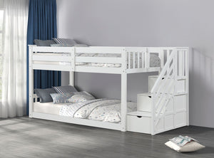 English Elm Transitional Twin Over Twin Low Bunk Bed With Reversible Storage Staircase – Space-Saving White Design B2741S00608-GIGA