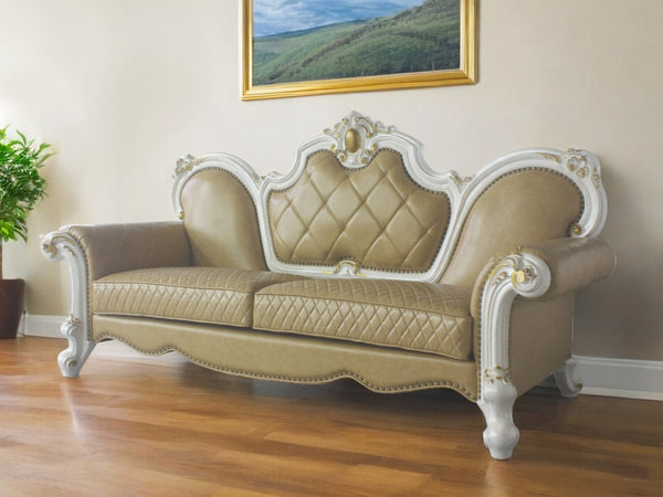 Homeroots 93" Golden Brown Faux Leather Sofa And Toss Pillows With Pearl Legs   491029