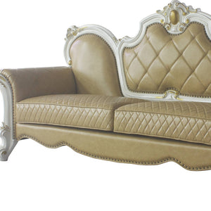 Homeroots 93" Golden Brown Faux Leather Sofa And Toss Pillows With Pearl Legs   491029