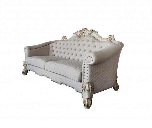 Homeroots 89" Ivory Velvet Sofa And Toss Pillows With Pearl Legs   491049