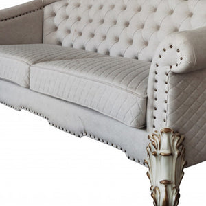 Homeroots 89" Ivory Velvet Sofa And Toss Pillows With Pearl Legs   491049