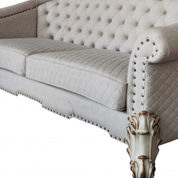 Homeroots 89" Ivory Velvet Sofa And Toss Pillows With Pearl Legs   491049