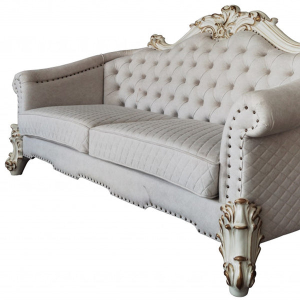 Homeroots 89" Ivory Velvet Sofa And Toss Pillows With Pearl Legs   491049