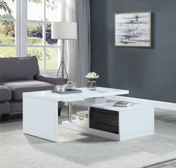 English Elm Buck Modern Buck II White Black High-Gloss Coffee Table with Swivel Top, Stainless Steel Storage B2726P292575