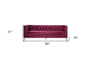 Homeroots 89" Burgundy Velvet Sofa And Toss Pillows With Black Legs   491050