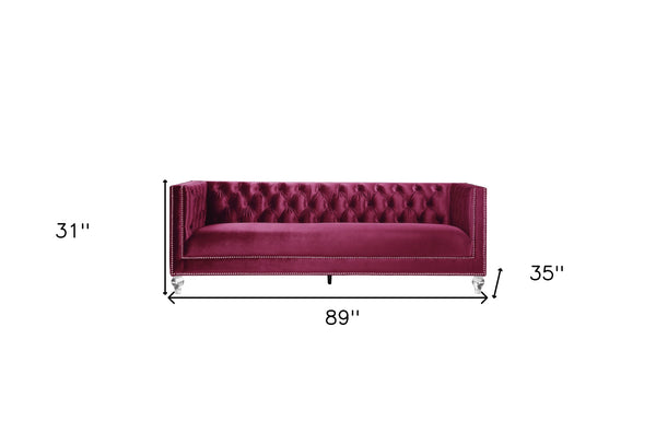 Homeroots 89" Burgundy Velvet Sofa And Toss Pillows With Black Legs   491050