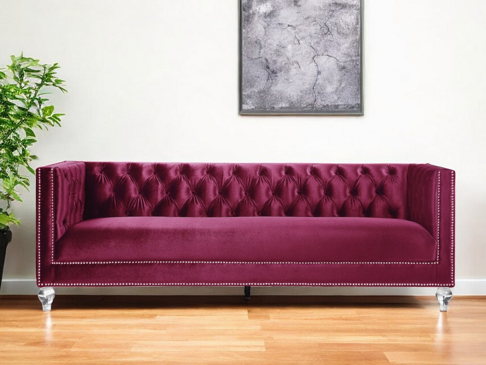 Homeroots 89" Burgundy Velvet Sofa And Toss Pillows With Black Legs   491050