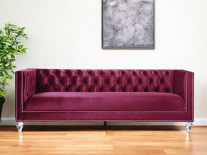 Homeroots 89" Burgundy Velvet Sofa And Toss Pillows With Black Legs   491050