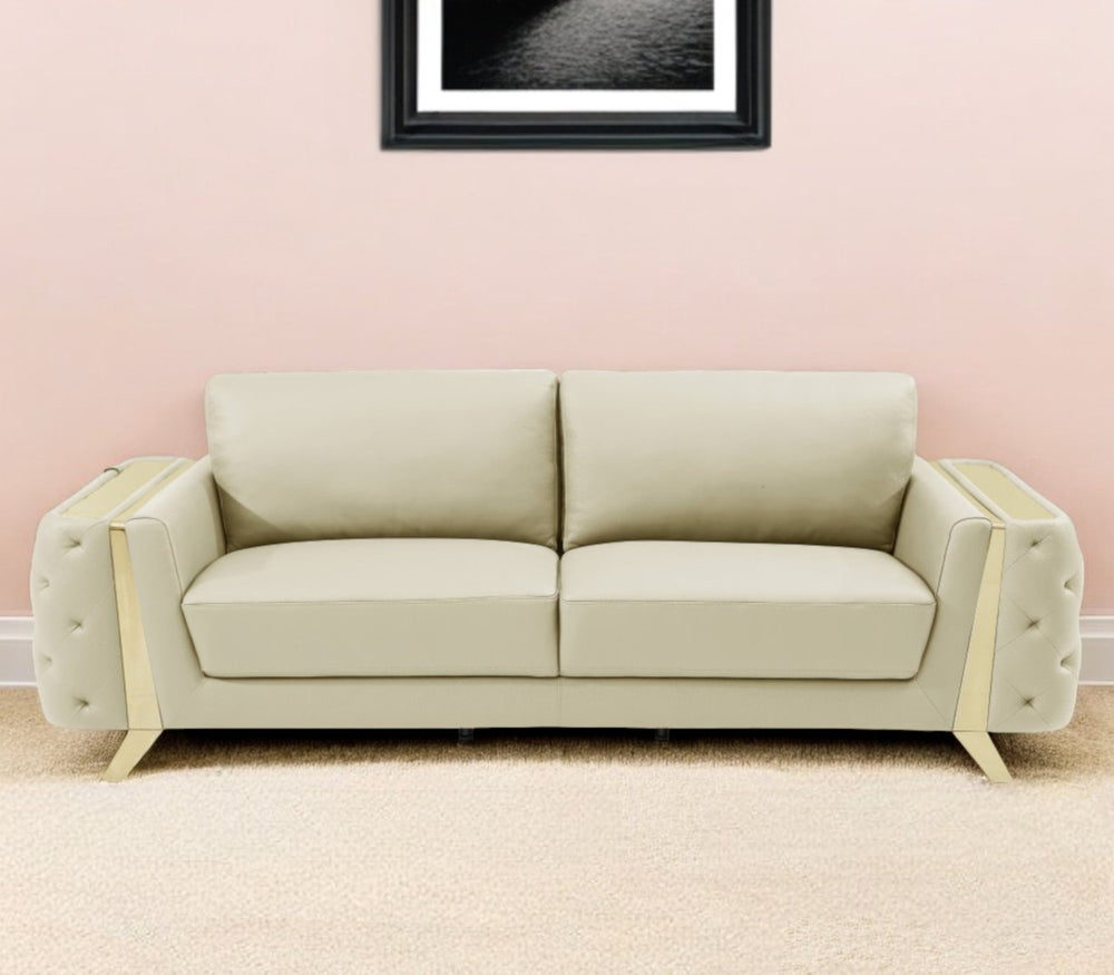 HomeRoots 90" Italian Leather Sofa with Gold Legs – Luxurious Comfort and Modern Design for Any Space BEIGE 491051