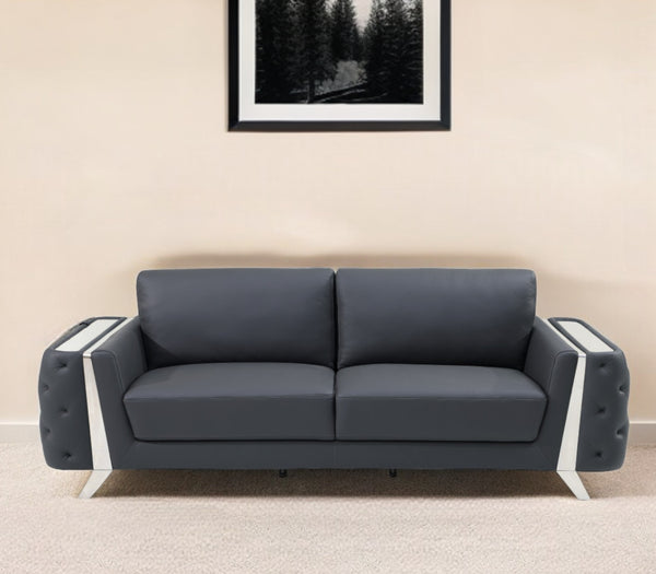Homeroots 90" Gray Italian Leather Sofa With Silver Legs Dark Grey  491052