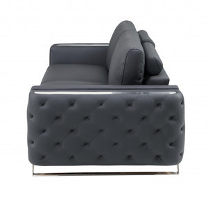 Homeroots 90" Gray Italian Leather Sofa With Silver Legs Dark Grey  491052