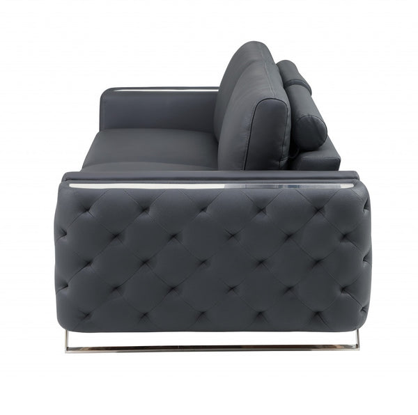 Homeroots 90" Gray Italian Leather Sofa With Silver Legs Dark Grey  491052