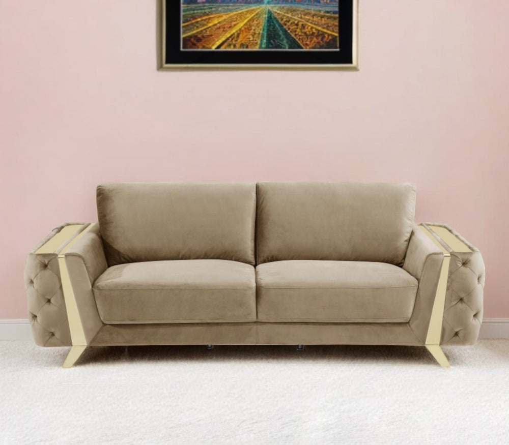 HomeRoots 90" Beige Velvet Sofa - Chic Modern Design with Gold Legs for Ultimate Comfort and Style in Living Room CREAM 491054