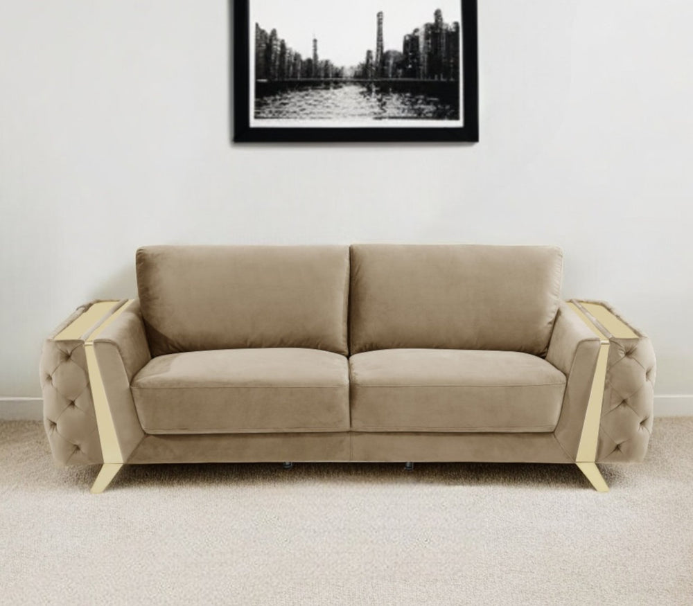 HomeRoots 90" Beige Velvet Sofa - Chic Modern Design with Gold Legs for Ultimate Comfort and Style in Living Room CREAM 491054