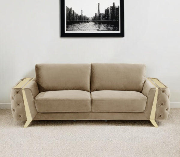 Homeroots 90" Beige Velvet Sofa With Gold Legs Beige  491054