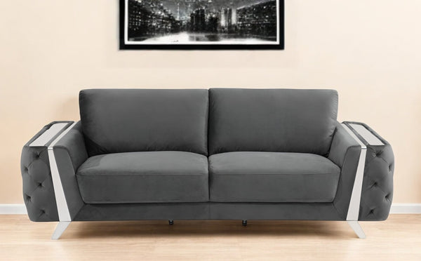 Homeroots 90" Gray Velvet Sofa With Silver Legs Dark Grey  491055