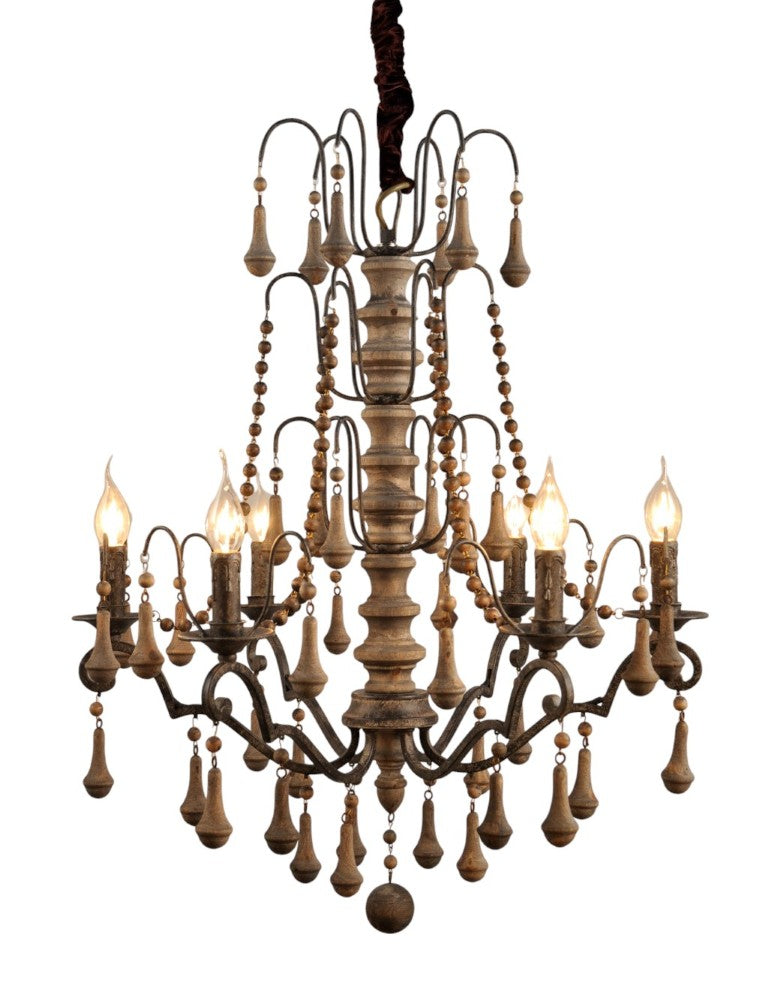 HomeRoots Brown Wood Six Light Chandelier Candle Style Fixture for Dining or Living Rooms 491059