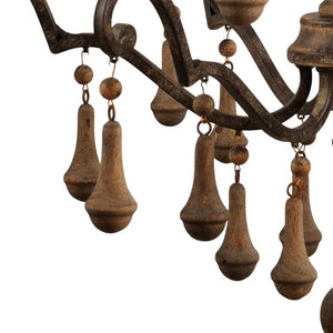 Brown Wood Six Light Chandelier Candle Style Fixture for Dining or Living Rooms