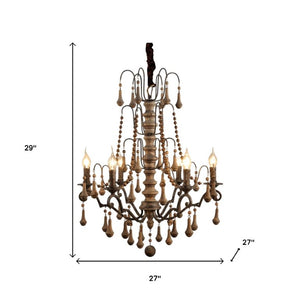 Brown Wood Six Light Chandelier Candle Style Fixture for Dining or Living Rooms