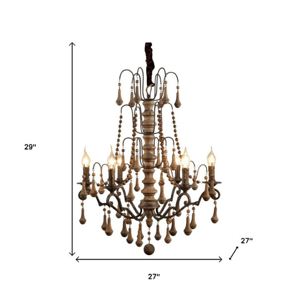 Brown Wood Six Light Chandelier Candle Style Fixture for Dining or Living Rooms