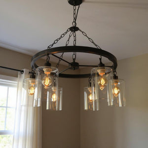 Black Six-light Chandelier with Transparent Glass Shades for Dining and Entryway