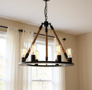Unique Six Light Metal Chandelier Bold Sculptural Industrial Fixture for Dining or Foyer