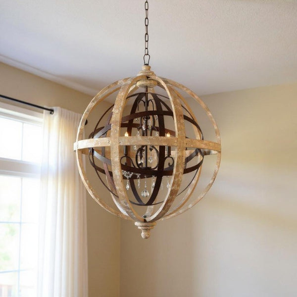 Brown Wood Five Light Chandelier Rustic Statement Fixture for Dining or Living Rooms