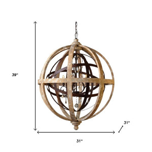 Brown Wood Five Light Chandelier Rustic Statement Fixture for Dining or Living Rooms