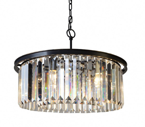 HomeRoots Black Six Light Crystal Chandelier Elegant Metal Frame Living Room Ceiling Fixture 491068